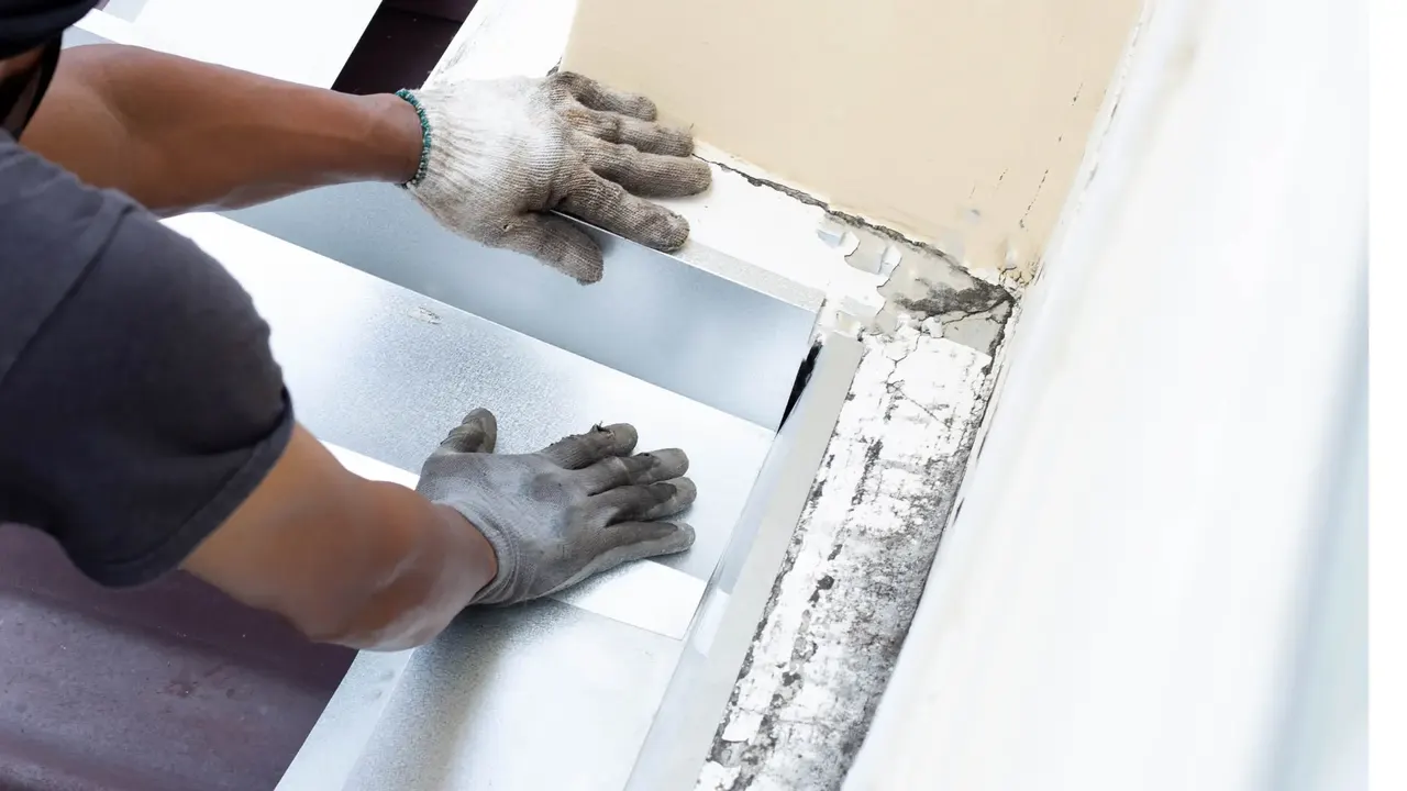 Roofer fitting metal flashing to stop a leak