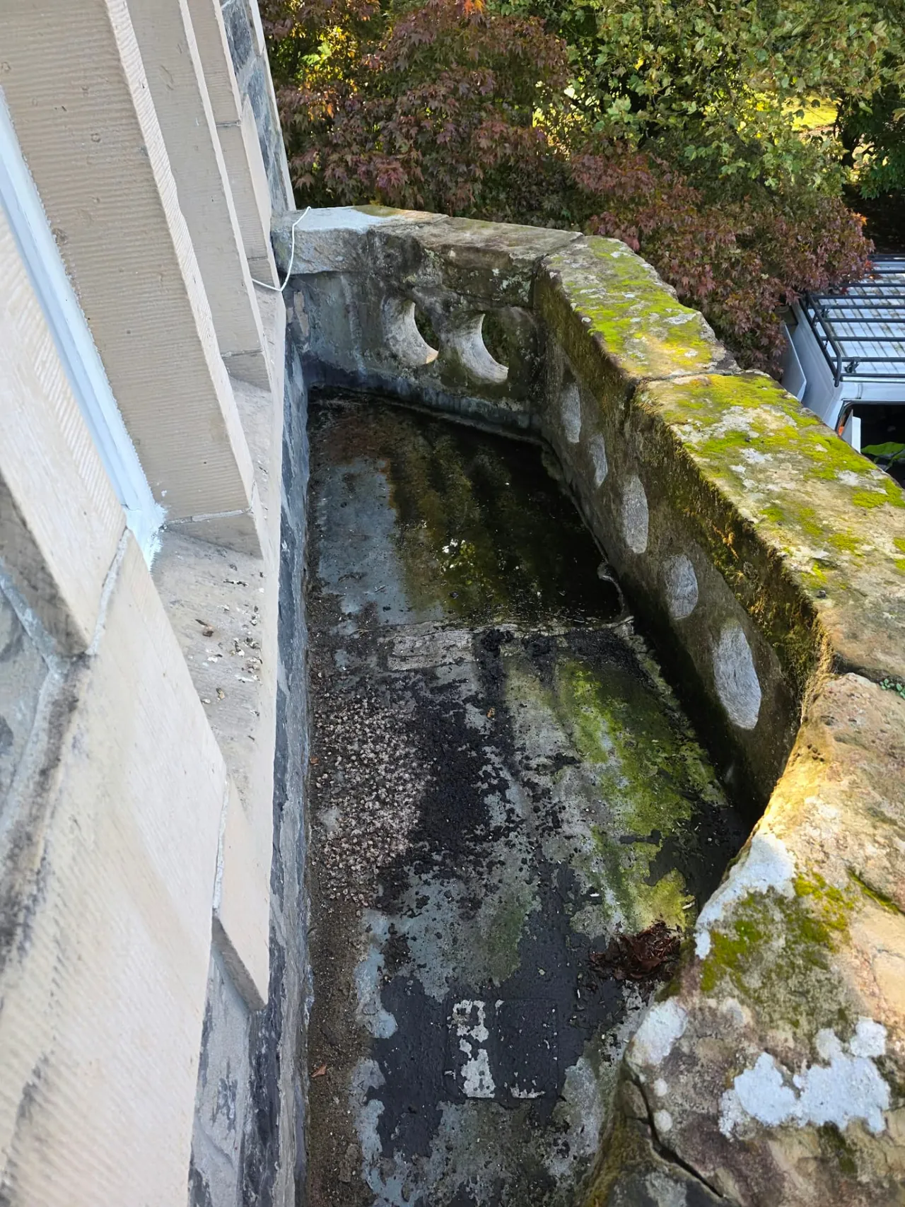 Worn, moss-covered flat roof behind a stone balustrade before replacement